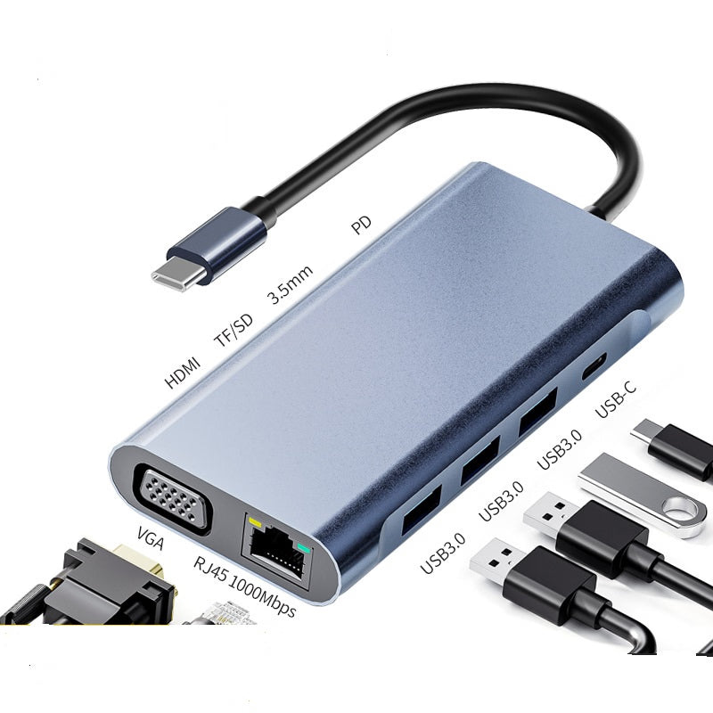 11-in-1 Type-C Multiport Converter – HDMI 4K, VGA, USB 3.0, LAN, SD/TF, Audio