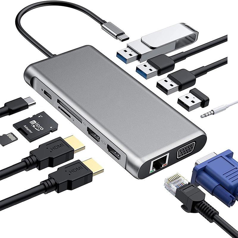 12-in-1 Type-C Multiport Converter – 2× HDMI 4K, VGA, USB 3.0/2.0, LAN, SD/TF, Audio